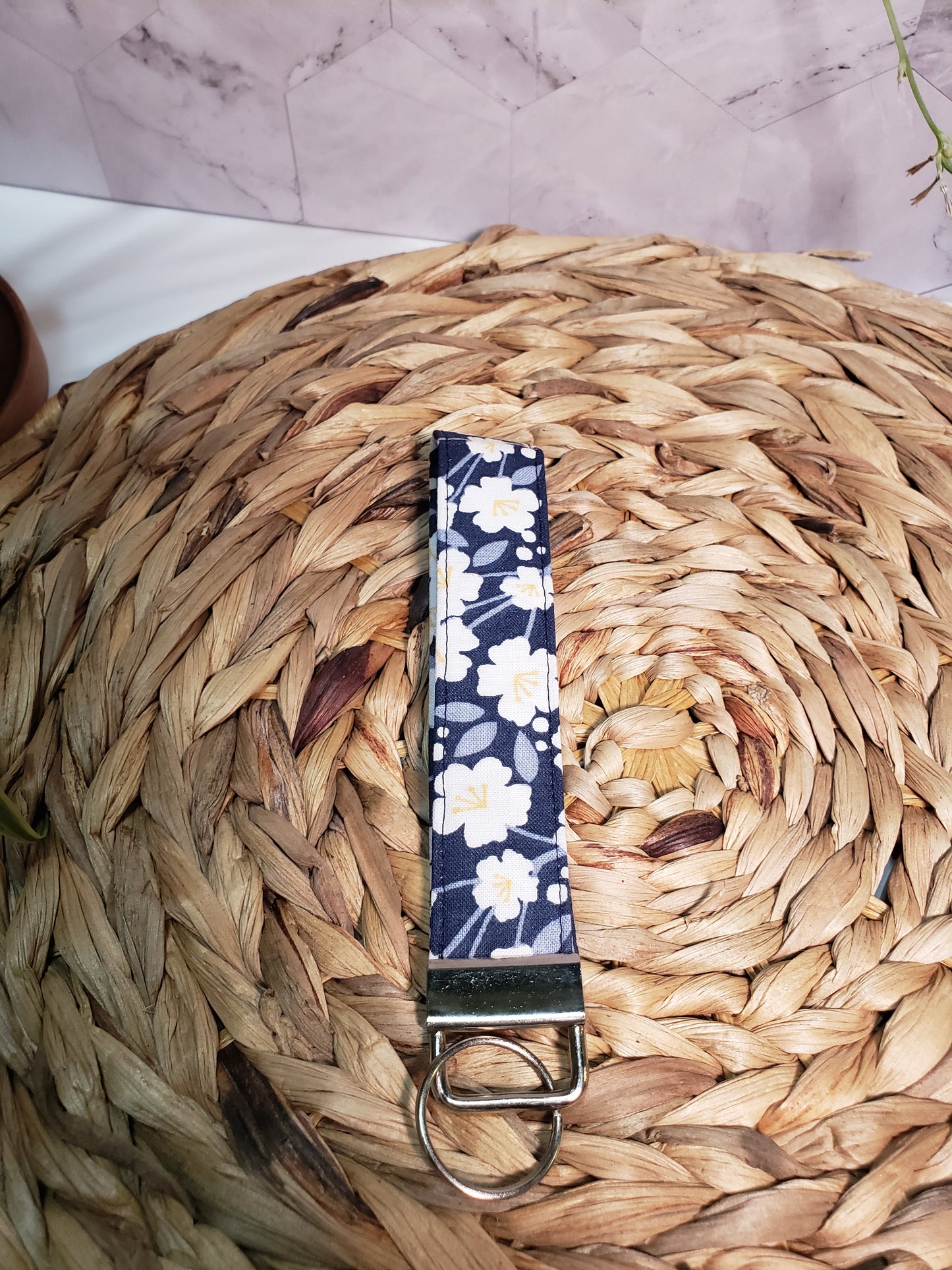 Navy Blue Floral Wristlet Strap