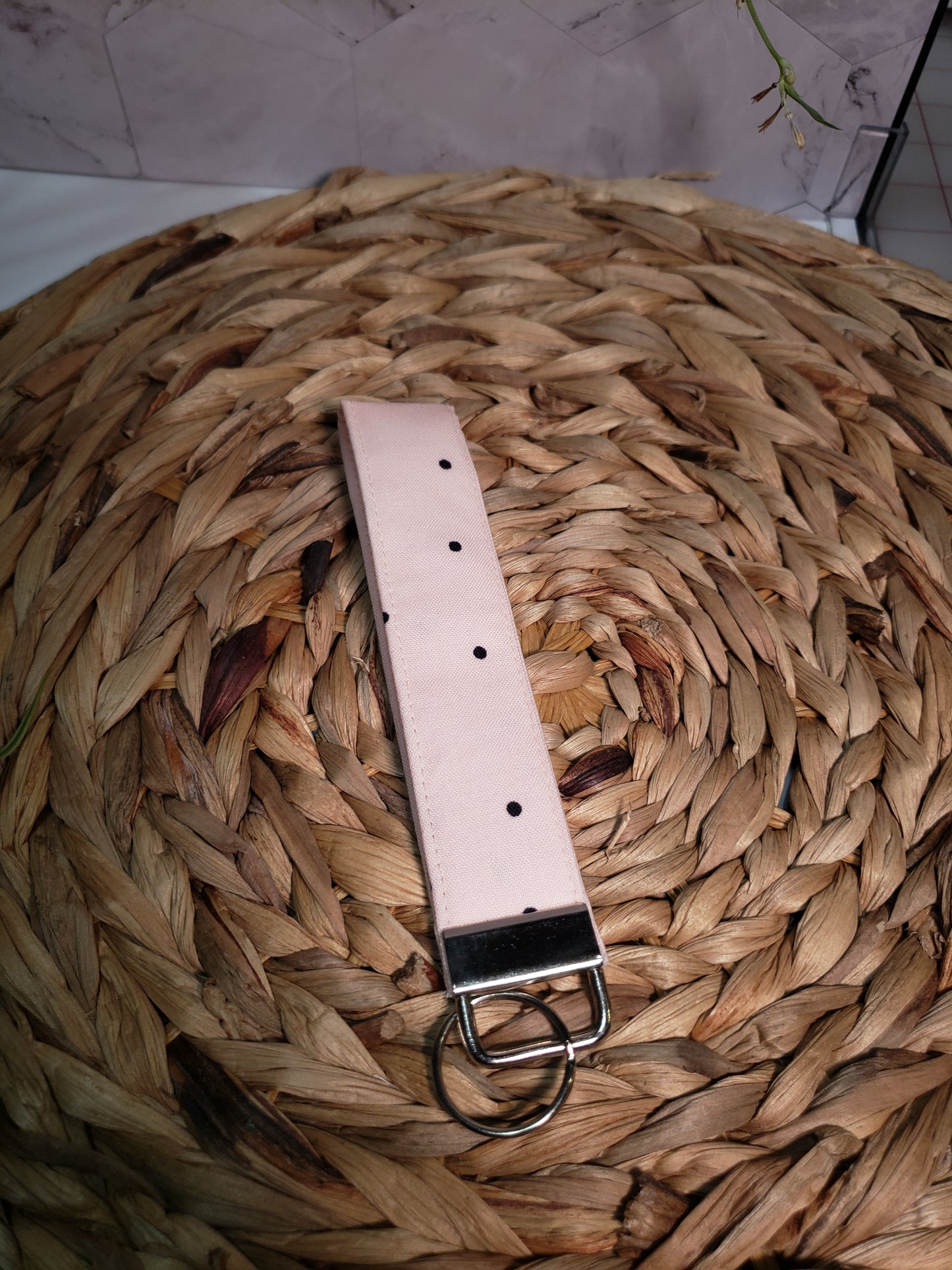 Pink and Black Polka Dot Wristlet Keychain