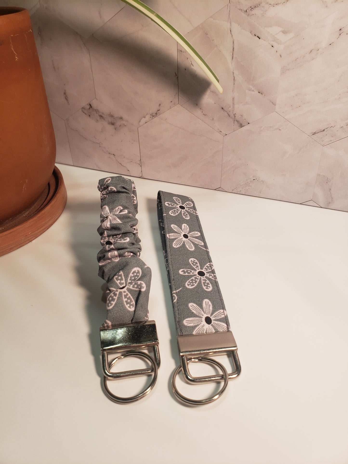 Grey Floral Scrunchie Wristlet