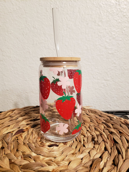 Strawberry Blossom 16 oz Glass Cup