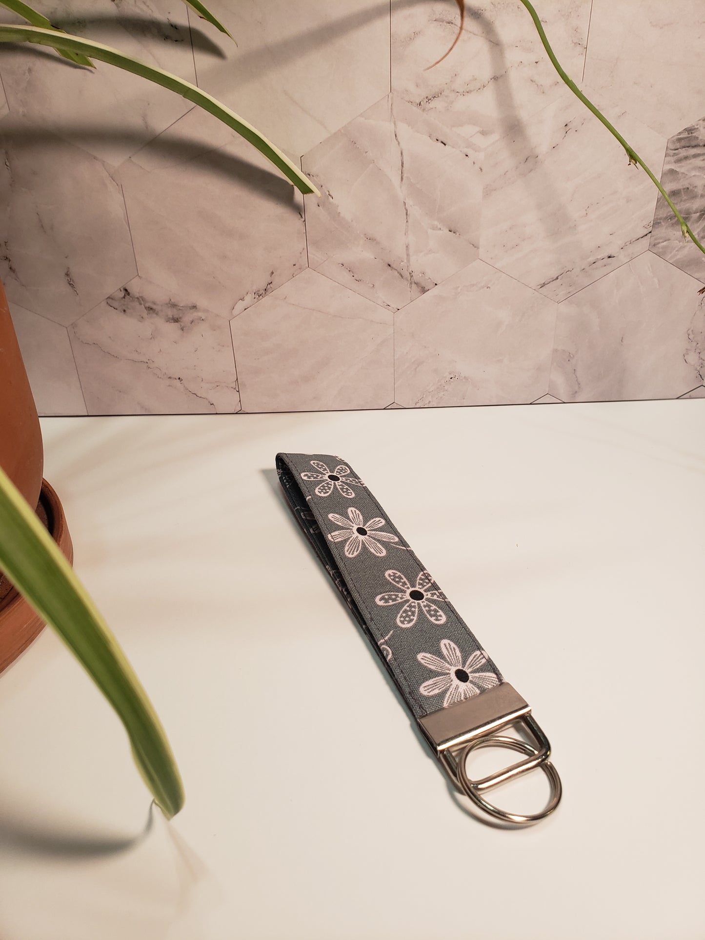 Grey Floral Cotton Wristlet