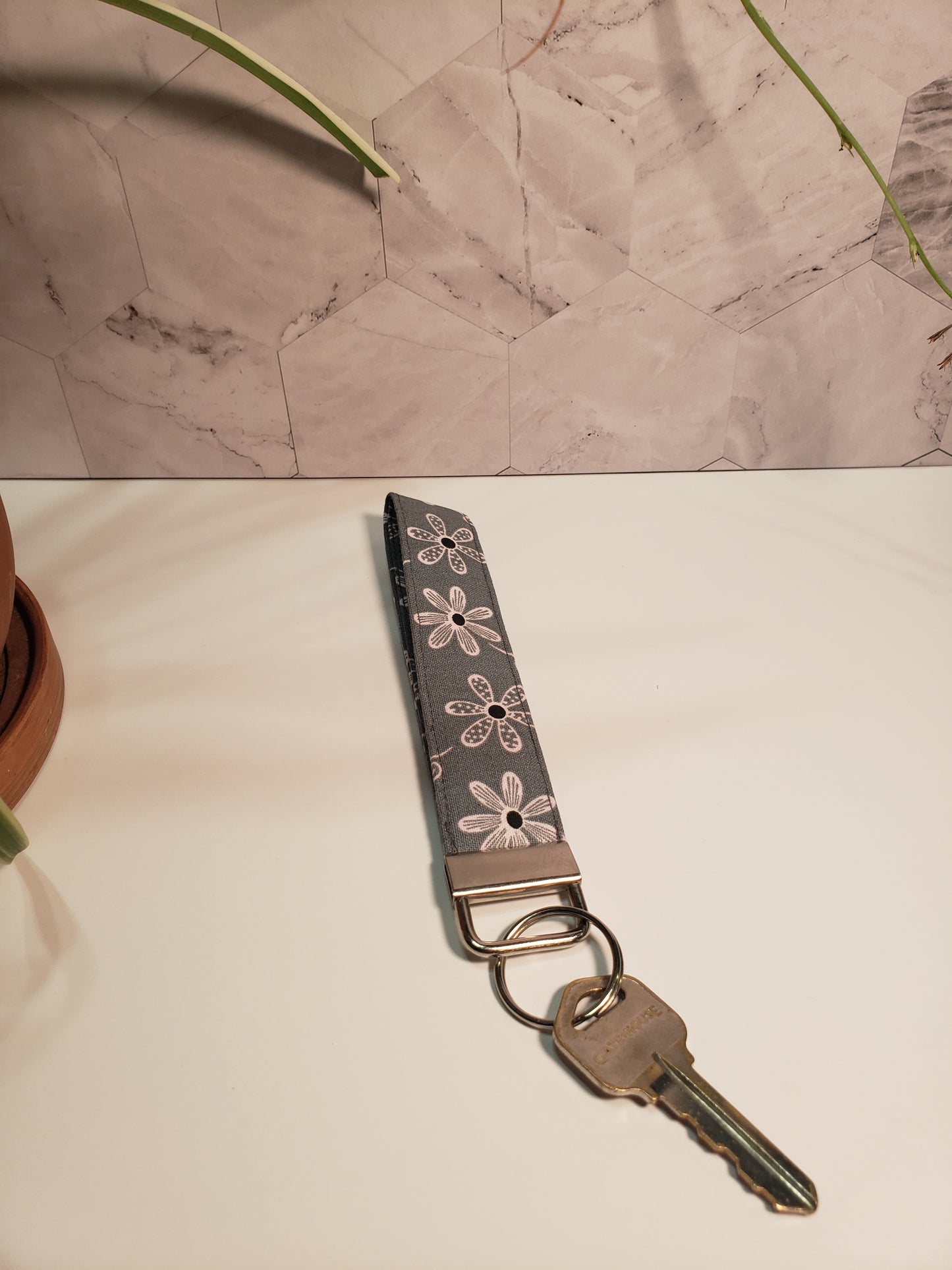 Grey Floral Cotton Wristlet