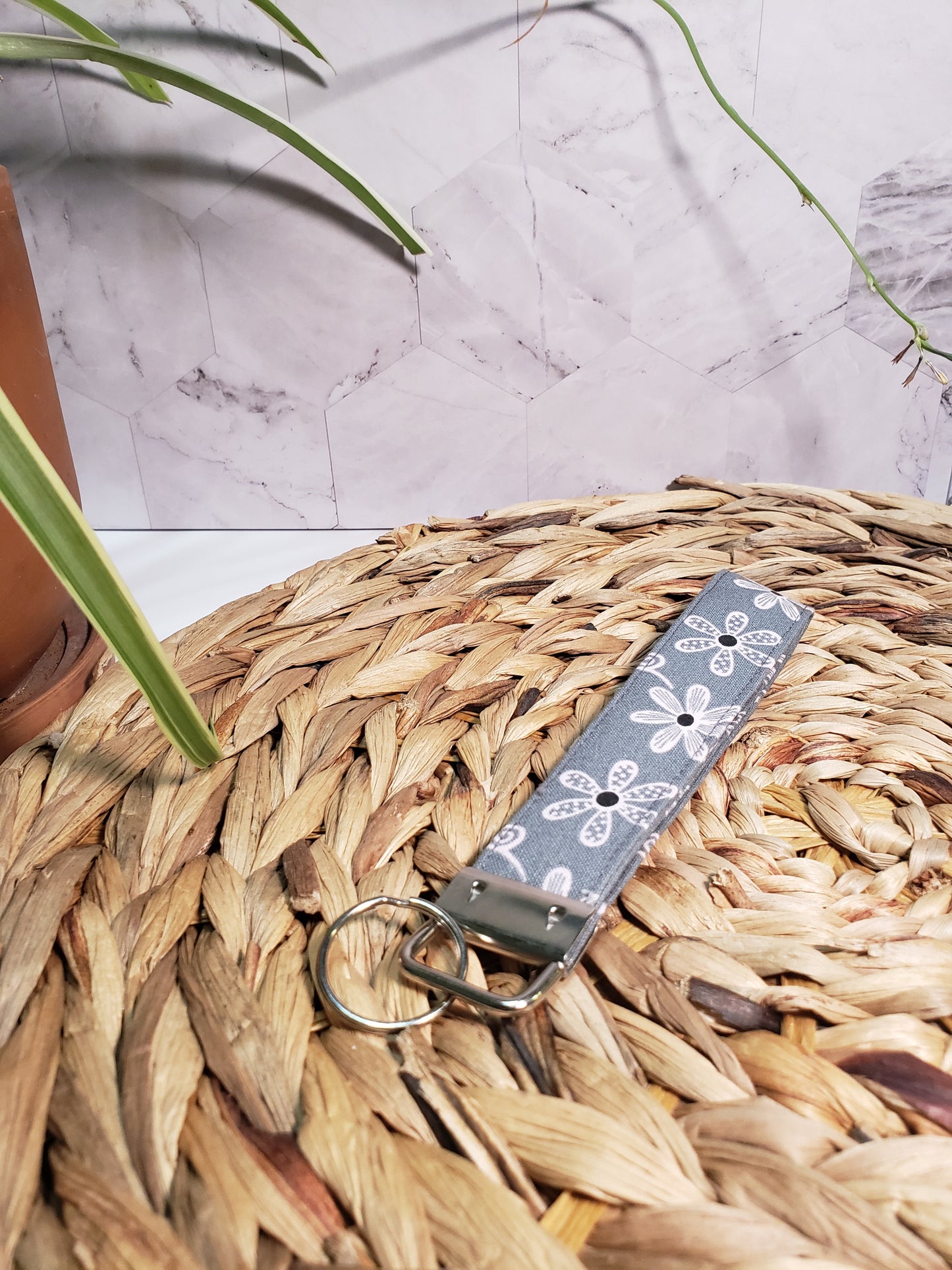 Grey Floral Cotton Wristlet