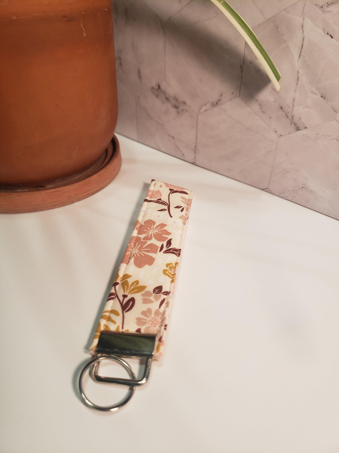 Pink Floral Cotton Wristlet Strap