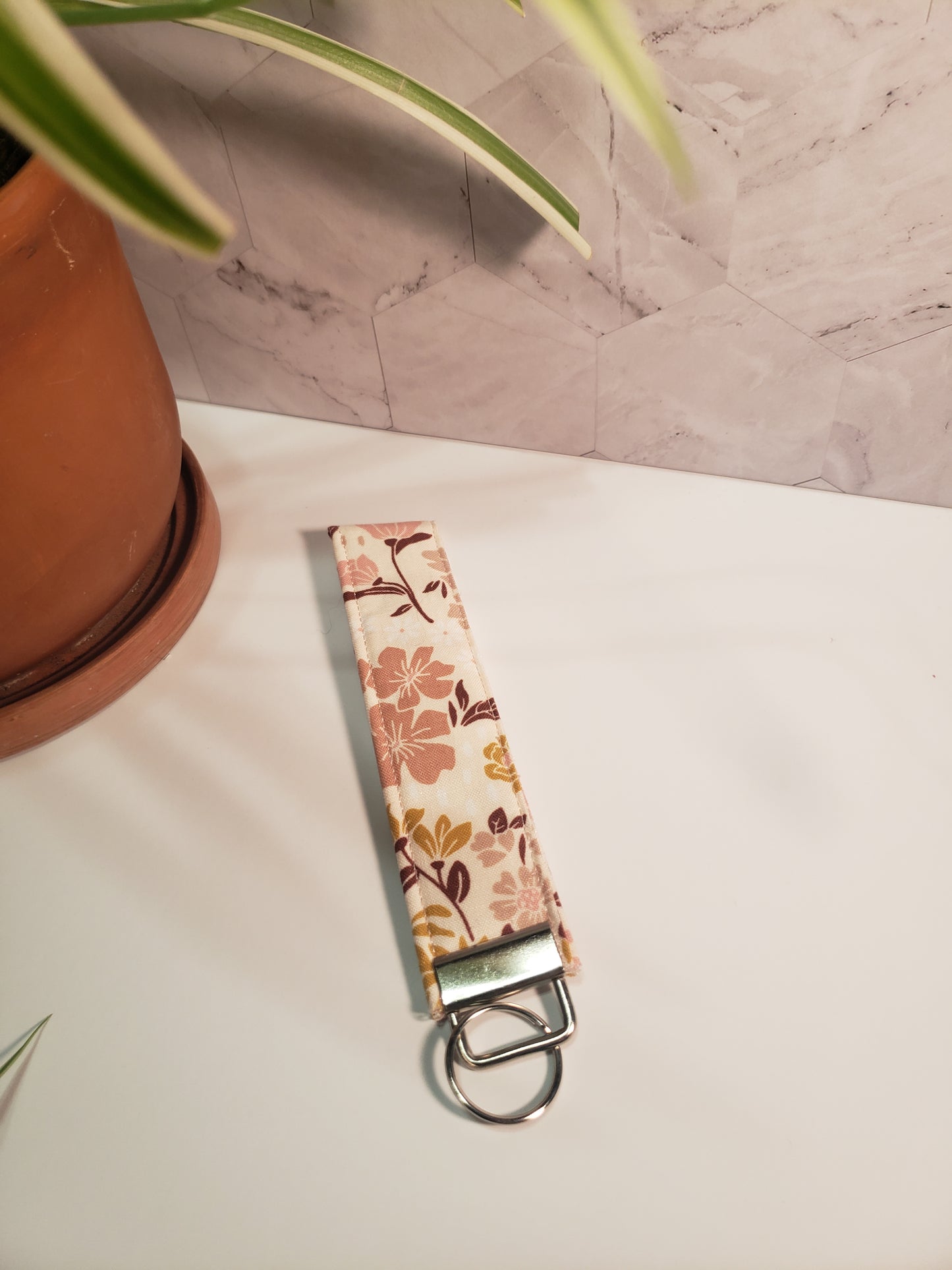 Pink Floral Cotton Wristlet Strap