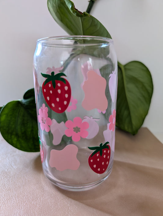 Strawberry Cow Print 16 Oz Glass Cup